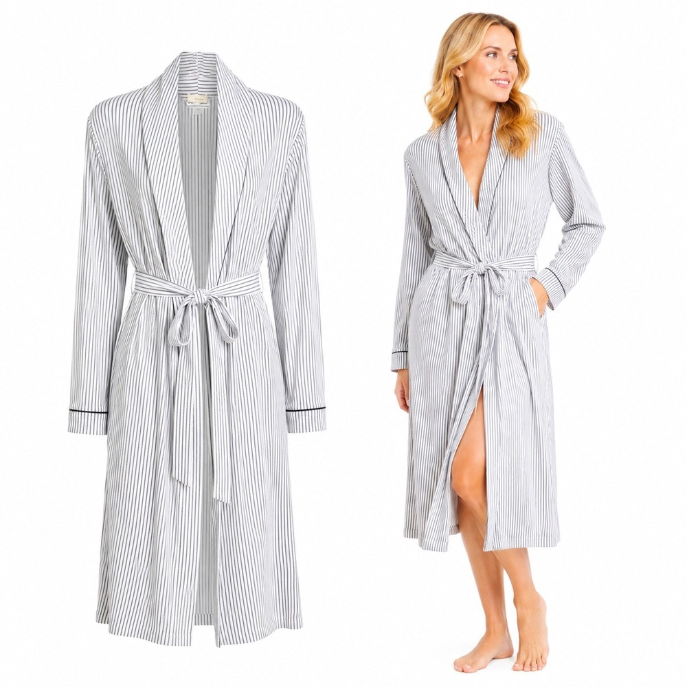 Eberjey Robe Womens Large White Navy Striped Modal Long Sleeve Tie Waist Pockets
